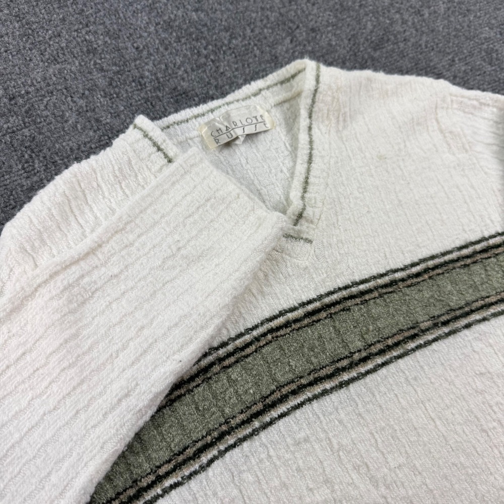VTG Charlotte Russe Sweater Med White Green Striped V-Neck Ribbed Vintage Women